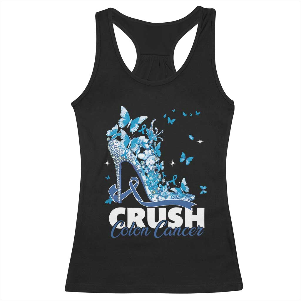 Crush Colon Cancer Racerback Tank Top Colorectal Cancer Awareness Bling Blue Ribbon High Heel TS11 Black Print Your Wear