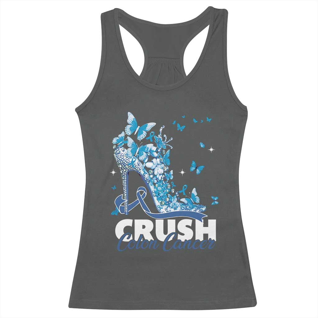 Crush Colon Cancer Racerback Tank Top Colorectal Cancer Awareness Bling Blue Ribbon High Heel TS11 Dark Heather Print Your Wear