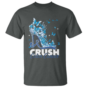 Crush Colon Cancer T Shirt Colorectal Cancer Awareness Bling Blue Ribbon High Heel TS11 Dark Heather Print Your Wear