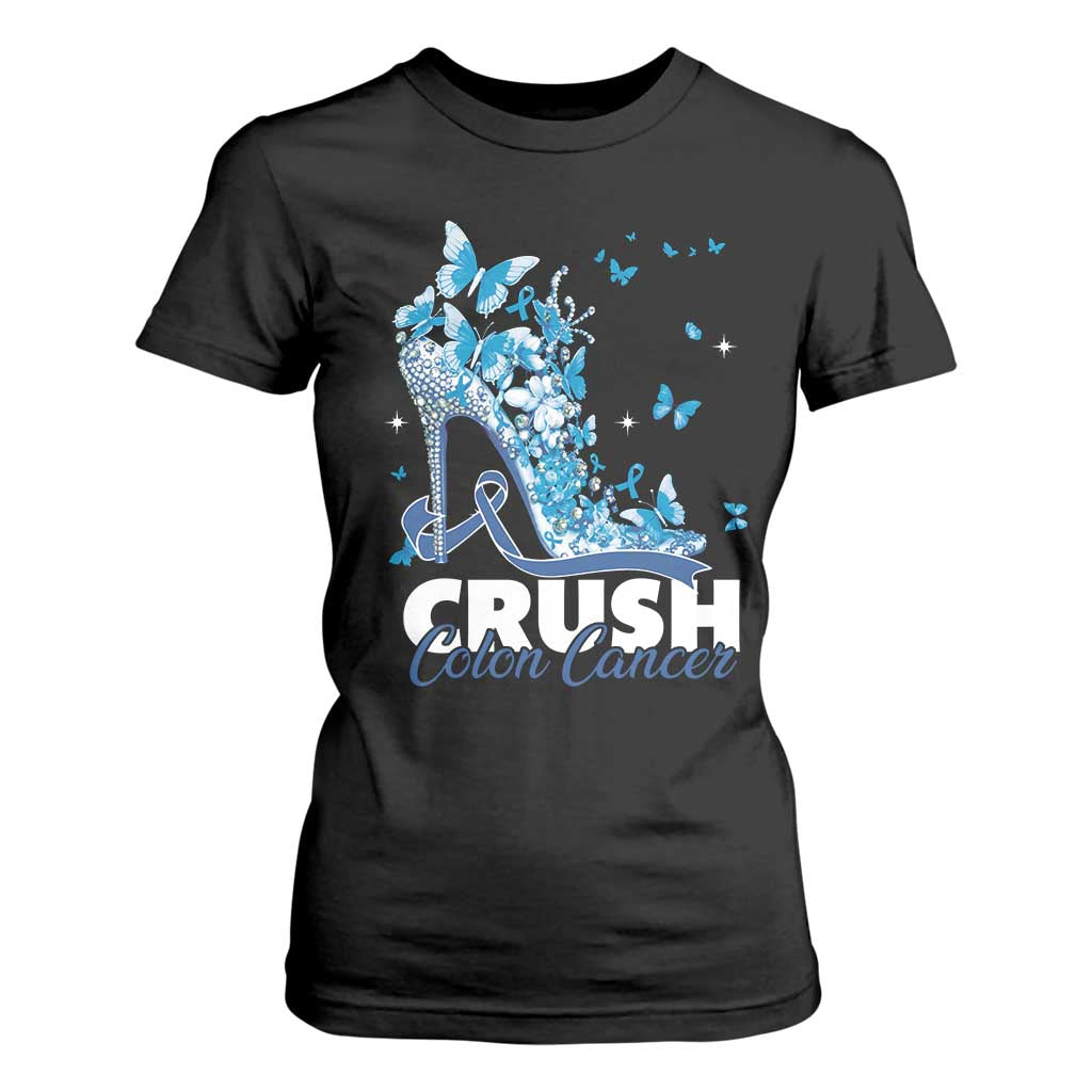 Crush Colon Cancer T Shirt For Women Colorectal Cancer Awareness Bling Blue Ribbon High Heel TS11 Black Print Your Wear