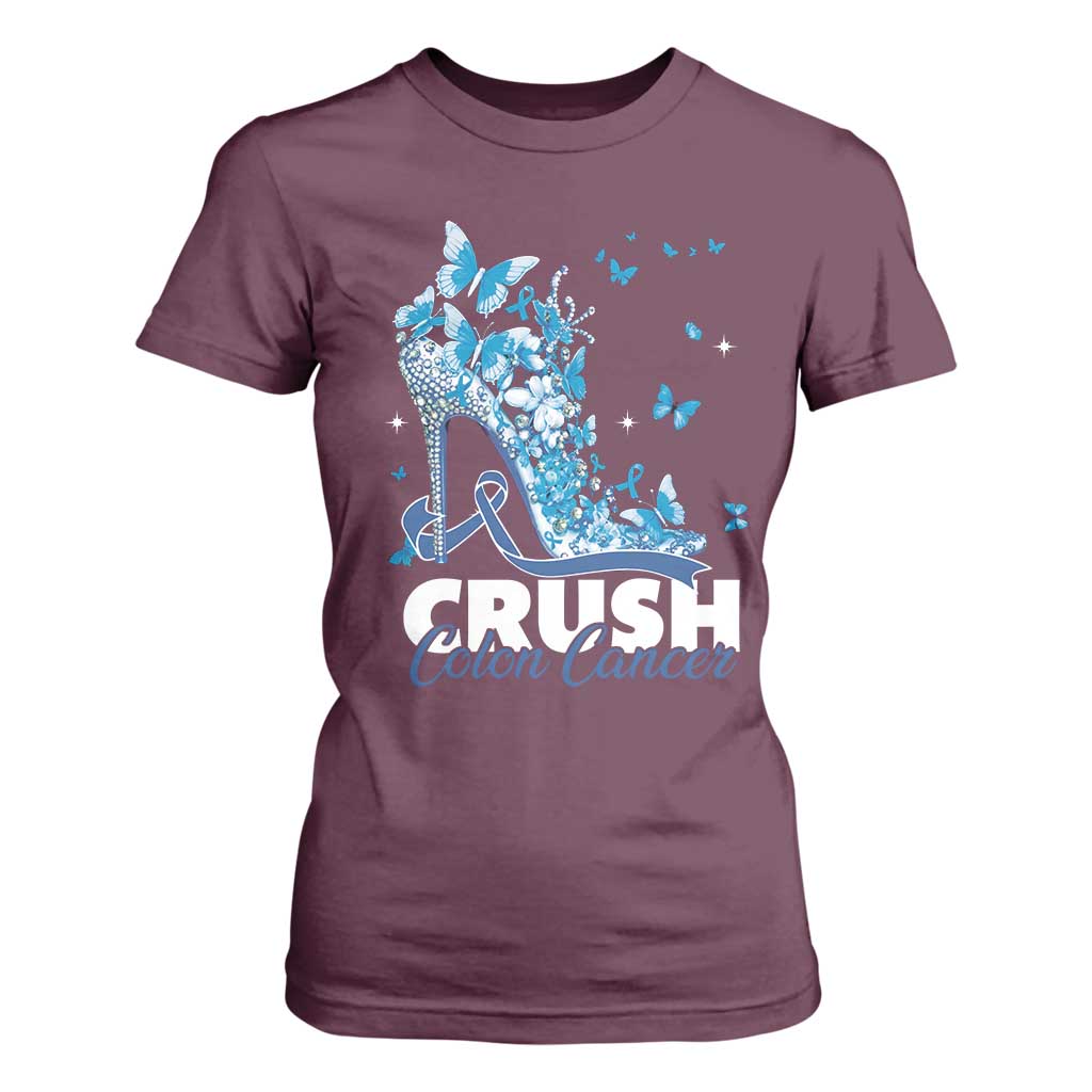 Crush Colon Cancer T Shirt For Women Colorectal Cancer Awareness Bling Blue Ribbon High Heel TS11 Maroon Print Your Wear
