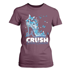Crush Colon Cancer T Shirt For Women Colorectal Cancer Awareness Bling Blue Ribbon High Heel TS11 Maroon Print Your Wear