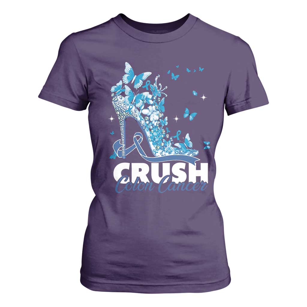 Crush Colon Cancer T Shirt For Women Colorectal Cancer Awareness Bling Blue Ribbon High Heel TS11 Purple Print Your Wear