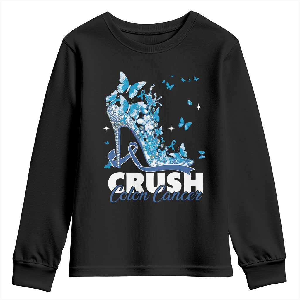 Crush Colon Cancer Youth Sweatshirt Colorectal Cancer Awareness Bling Blue Ribbon High Heel TS11 Black Print Your Wear