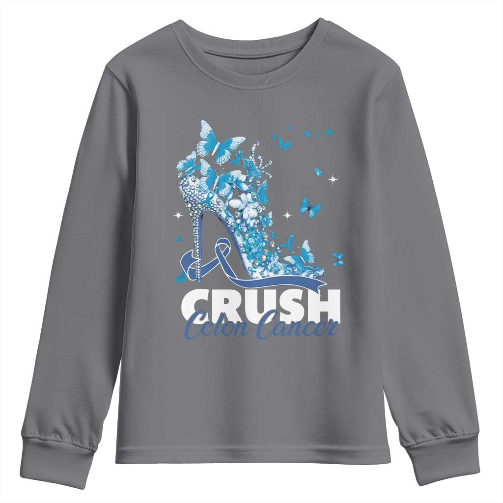 Crush Colon Cancer Youth Sweatshirt Colorectal Cancer Awareness Bling Blue Ribbon High Heel TS11 Charcoal Print Your Wear