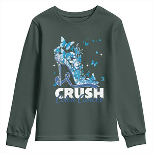 Crush Colon Cancer Youth Sweatshirt Colorectal Cancer Awareness Bling Blue Ribbon High Heel TS11 Dark Forest Green Print Your Wear