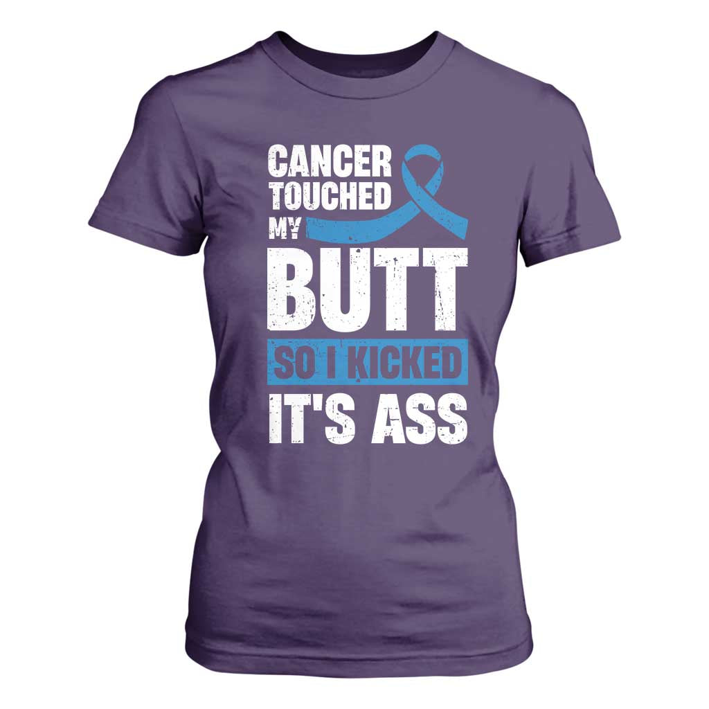 Colon Cancer Awareness T Shirt For Women Cancer Touched My Butt So I Kicked It's Ass Dark Blue Ribbon TS11 Purple Print Your Wear
