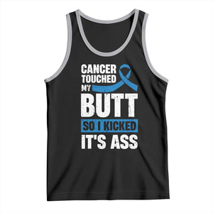 Colon Cancer Awareness Tank Top Cancer Touched My Butt So I Kicked It's Ass Dark Blue Ribbon TS11 Black Athletic Heather Print Your Wear