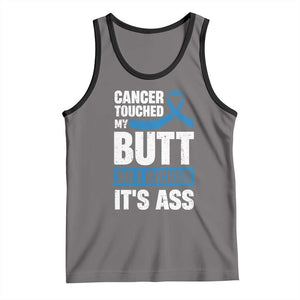 Colon Cancer Awareness Tank Top Cancer Touched My Butt So I Kicked It's Ass Dark Blue Ribbon TS11 Deep Heather Black Print Your Wear