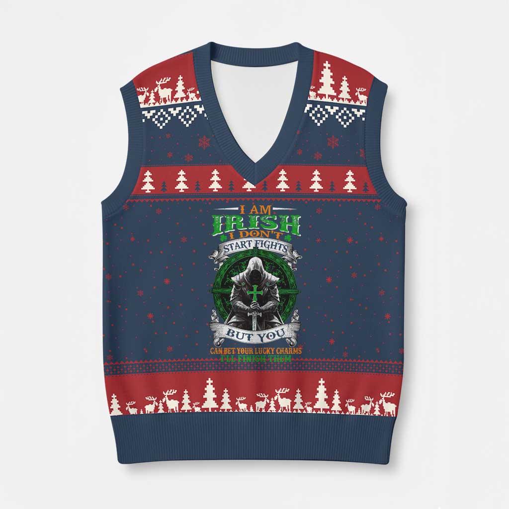 Irish Pride V-Neck Knit Sweater Vest I Am Irish I Don't Start Fights But You Can Bet Your Lucky Charms TS11 Navy Red Print Your Wear