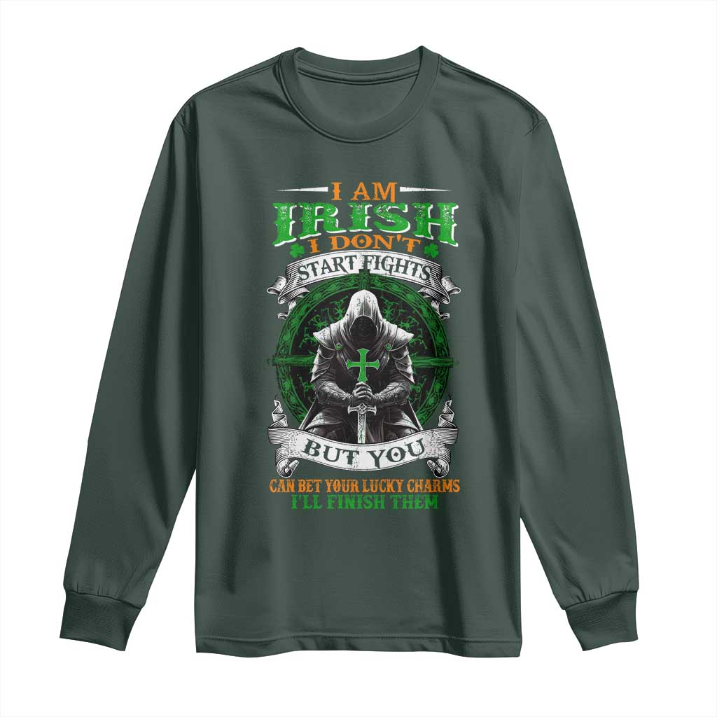 Irish Pride Long Sleeve Shirt I Am Irish I Don't Start Fights But You Can Bet Your Lucky Charms TS11 Dark Forest Green Print Your Wear