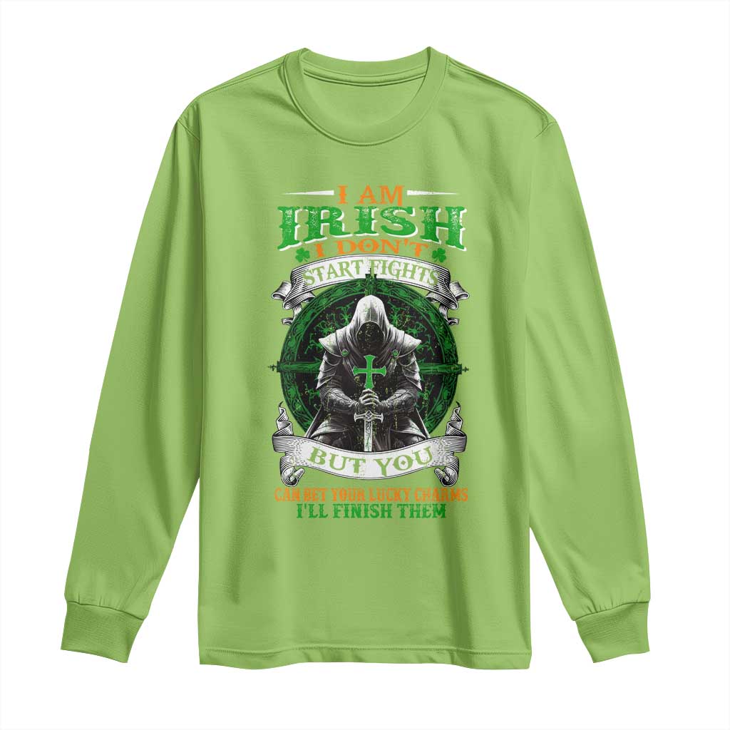 Irish Pride Long Sleeve Shirt I Am Irish I Don't Start Fights But You Can Bet Your Lucky Charms TS11 Lime Print Your Wear