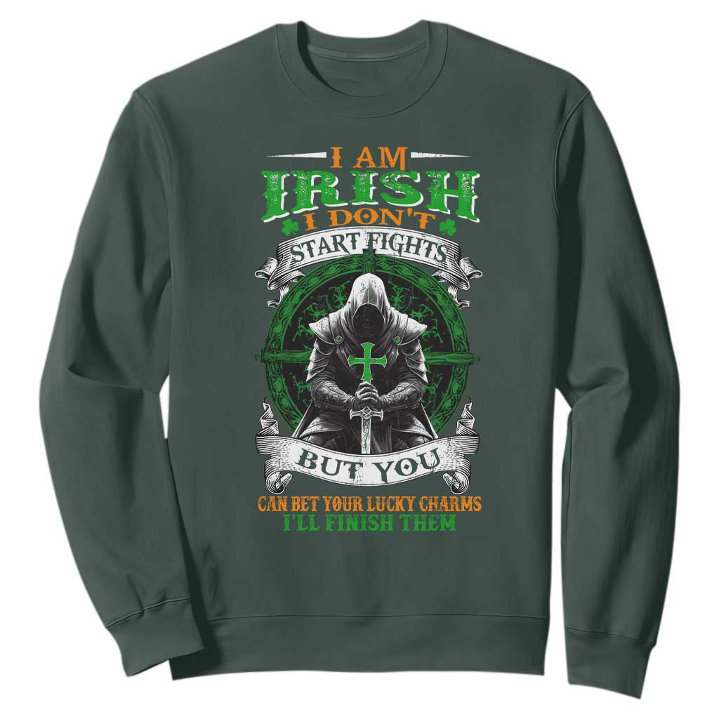 Irish Pride Sweatshirt I Am Irish I Don't Start Fights But You Can Bet Your Lucky Charms TS11 Dark Forest Green Print Your Wear