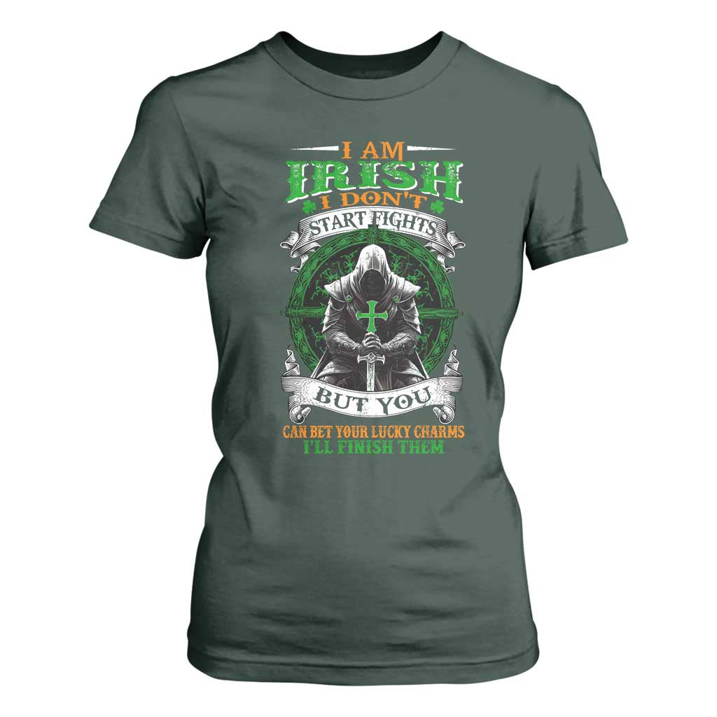 Irish Pride T Shirt For Women I Am Irish I Don't Start Fights But You Can Bet Your Lucky Charms TS11 Dark Forest Green Print Your Wear
