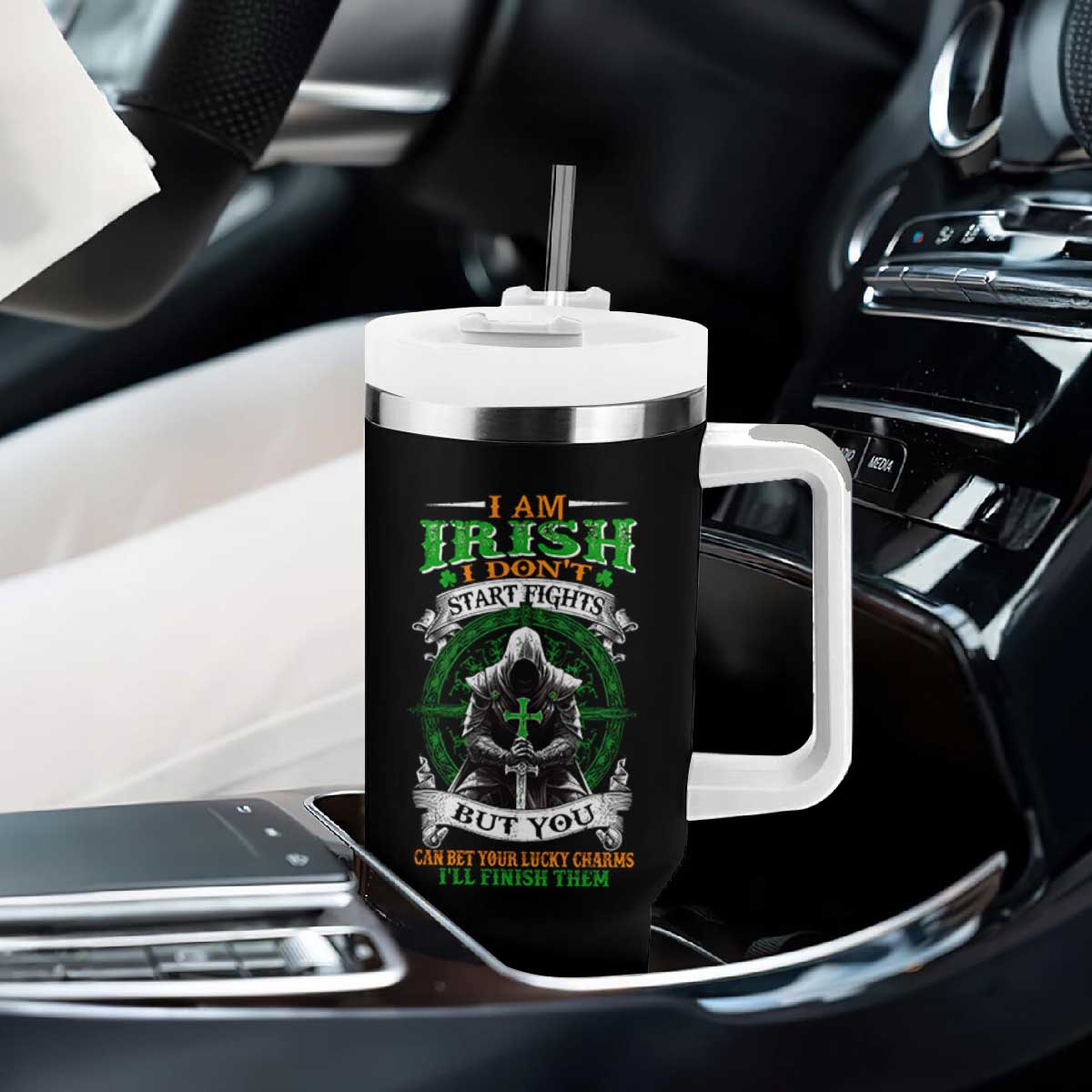 Irish Pride Tumbler With Handle I Am Irish I Don't Start Fights But You Can Bet Your Lucky Charms TS11 Print Your Wear