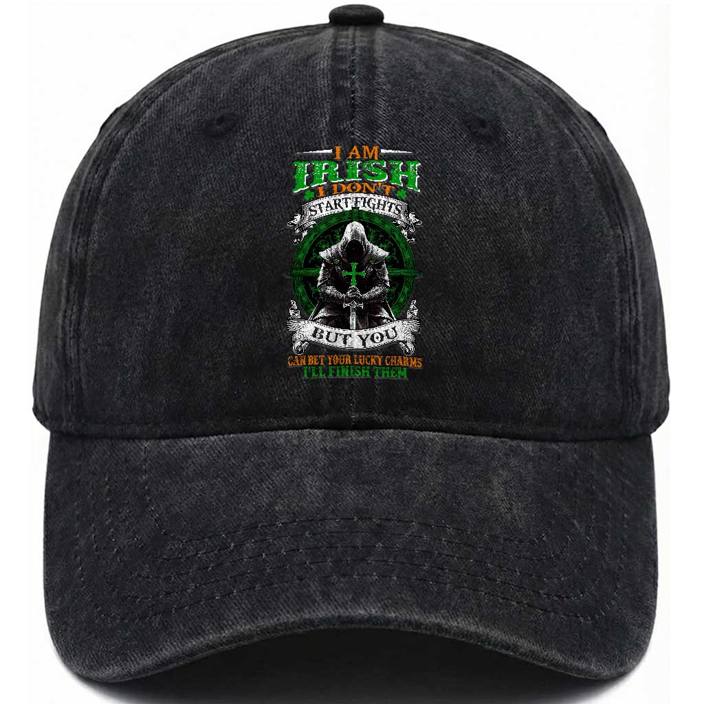 Irish Pride Washed Cotton Baseball Cap I Am Irish I Don't Start Fights But You Can Bet Your Lucky Charms TS11 Print Your Wear