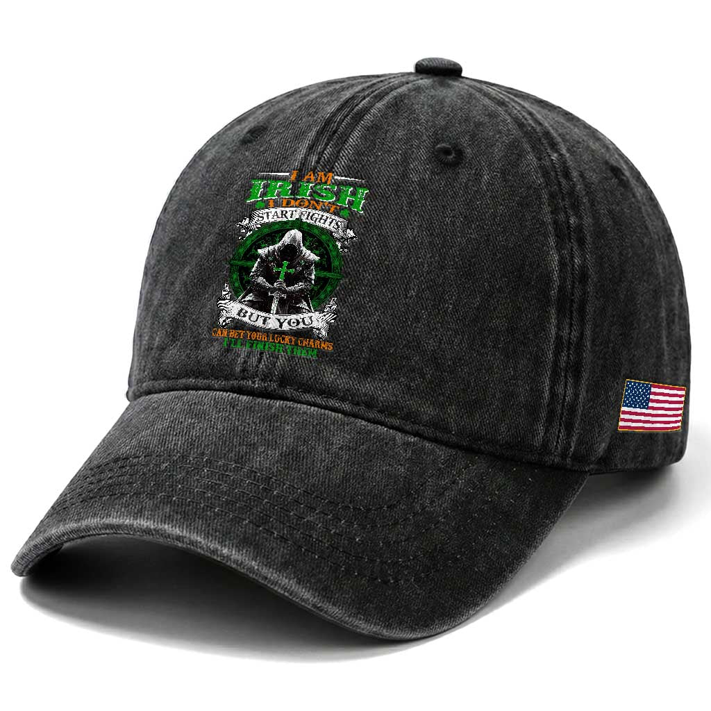 Irish Pride Washed Cotton Baseball Cap I Am Irish I Don't Start Fights But You Can Bet Your Lucky Charms TS11 Print Your Wear