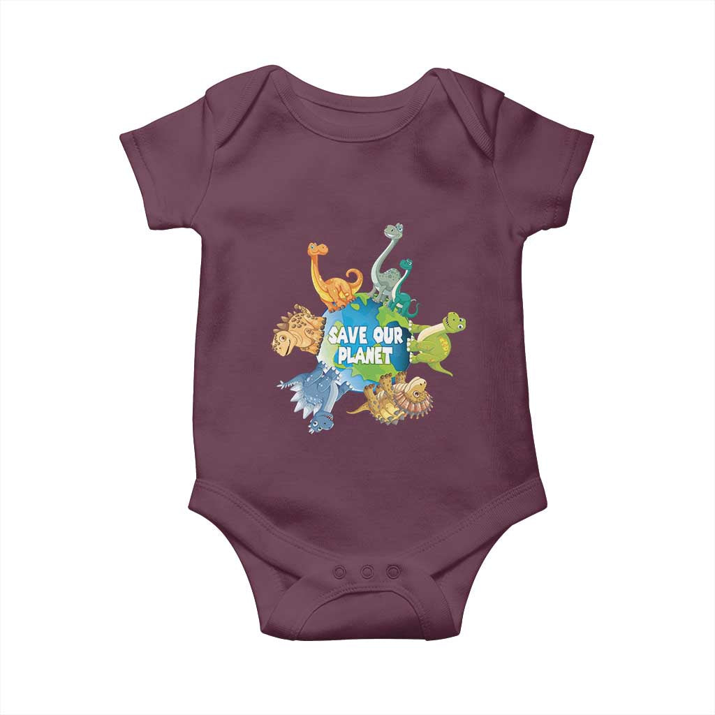 Earth Day Save Our Planet Baby Onesie Cute Dinosaurs Around World TS11 Maroon Print Your Wear