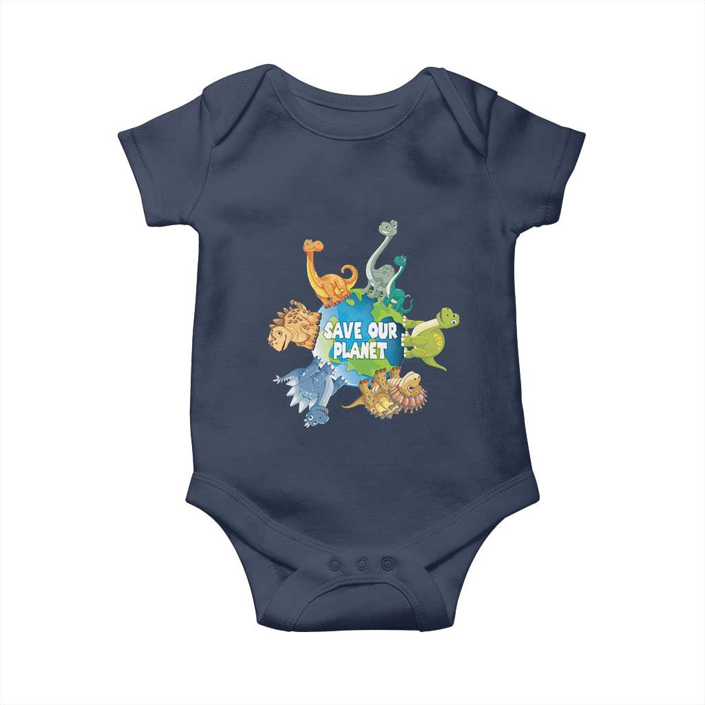 Earth Day Save Our Planet Baby Onesie Cute Dinosaurs Around World TS11 Navy Print Your Wear