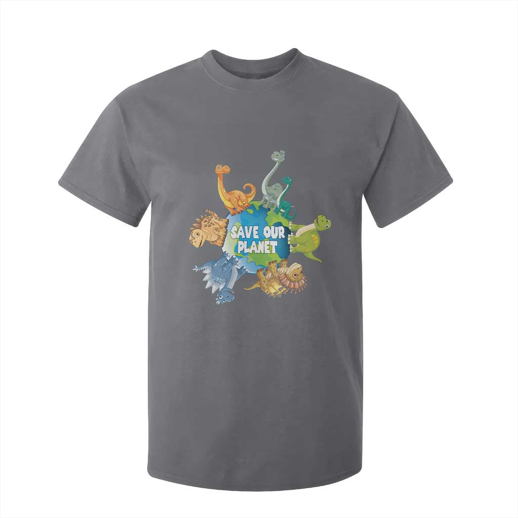 Earth Day Save Our Planet T Shirt For Kid Cute Dinosaurs Around World TS11 Charcoal Print Your Wear
