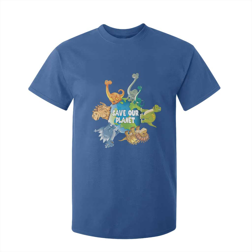 Earth Day Save Our Planet T Shirt For Kid Cute Dinosaurs Around World TS11 Royal Blue Print Your Wear