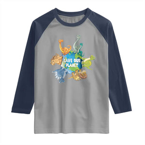 Earth Day Save Our Planet Raglan Shirt Cute Dinosaurs Around World TS11 Sport Gray Navy Print Your Wear