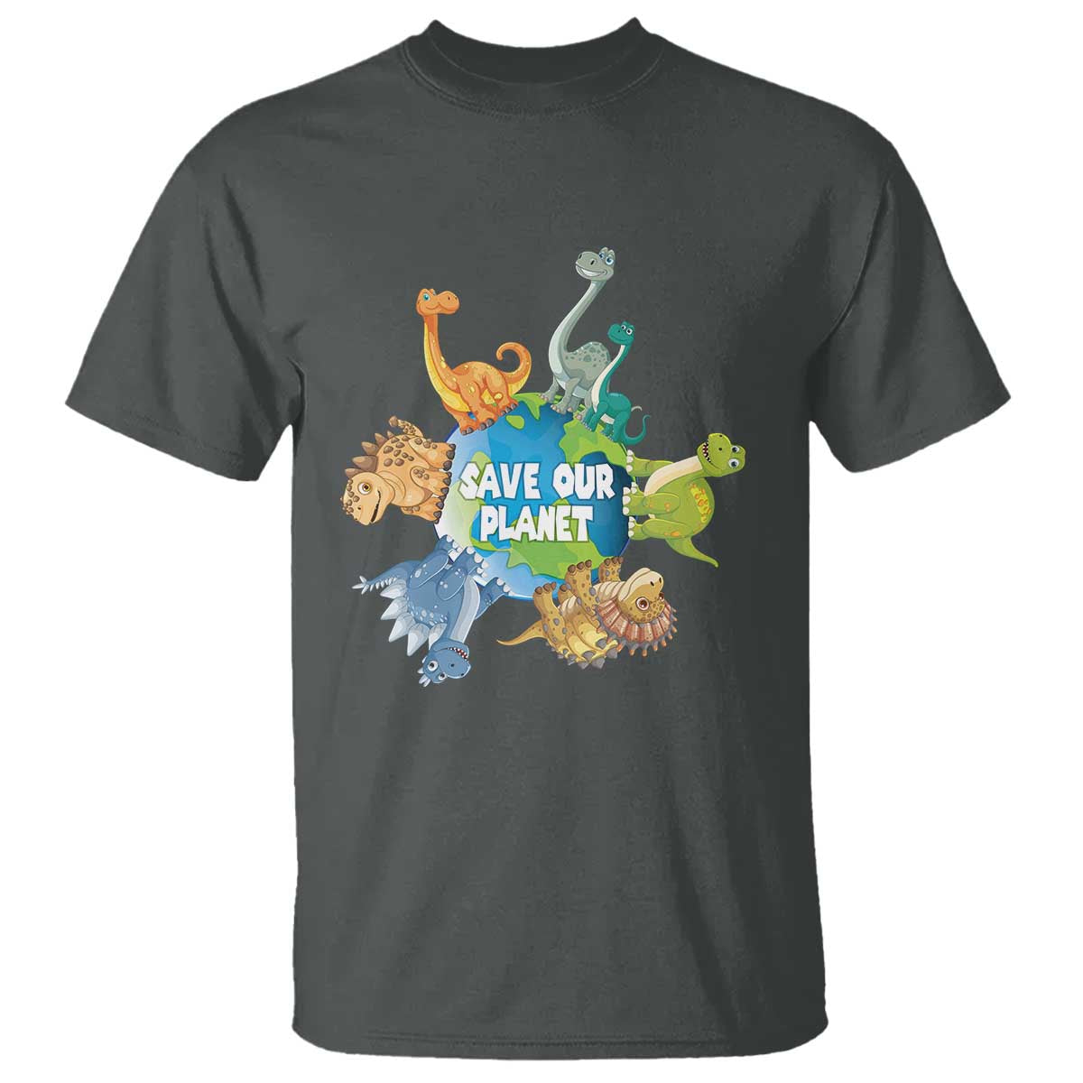 Earth Day Save Our Planet T Shirt Cute Dinosaurs Around World TS11 Dark Heather Print Your Wear