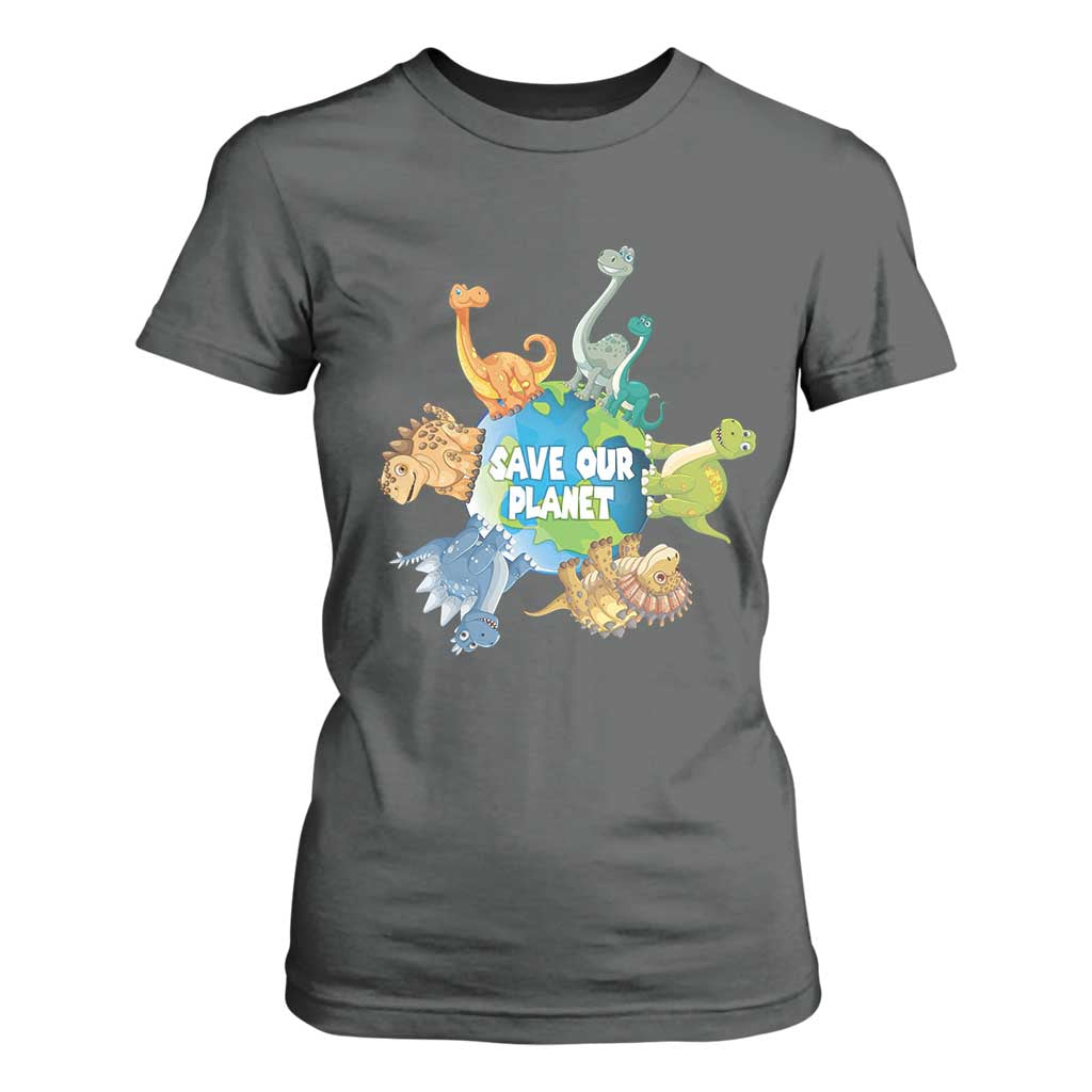 Earth Day Save Our Planet T Shirt For Women Cute Dinosaurs Around World TS11 Dark Heather Print Your Wear