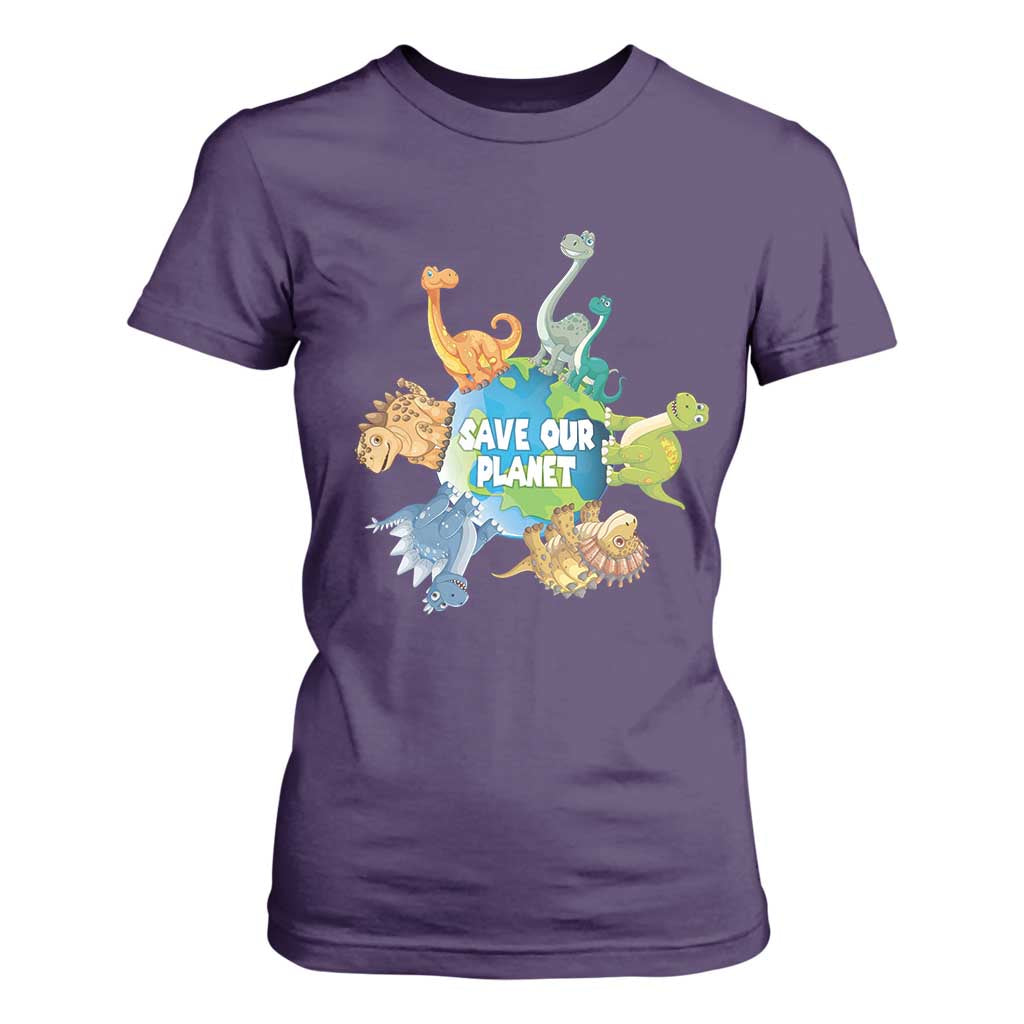Earth Day Save Our Planet T Shirt For Women Cute Dinosaurs Around World TS11 Purple Print Your Wear