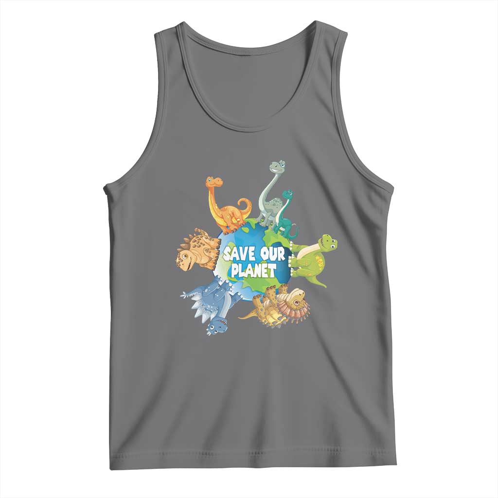 Earth Day Save Our Planet Tank Top Cute Dinosaurs Around World TS11 Black Heather Print Your Wear