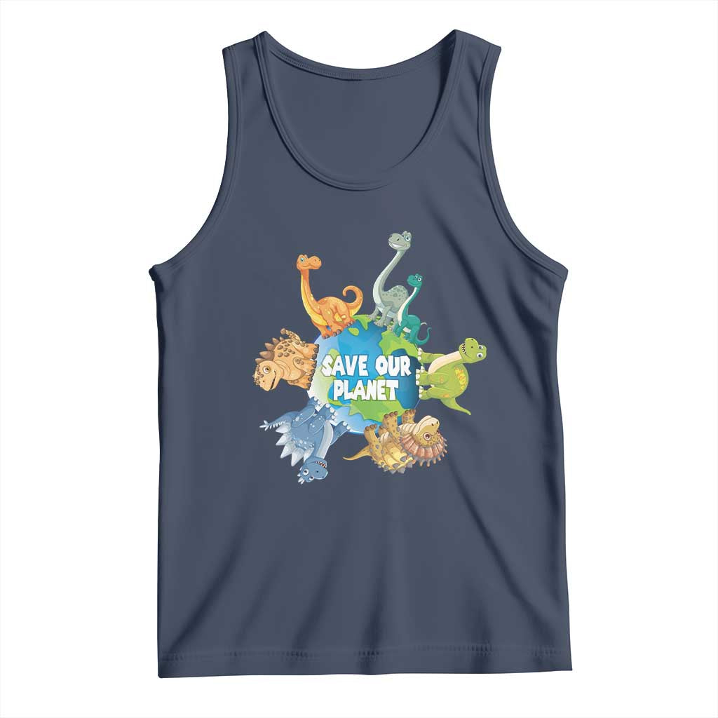 Earth Day Save Our Planet Tank Top Cute Dinosaurs Around World TS11 Navy Print Your Wear