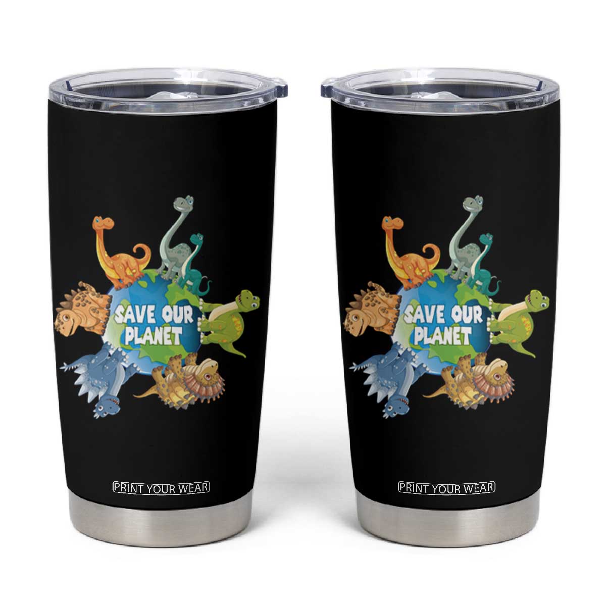 Earth Day Save Our Planet Tumbler Cup Cute Dinosaurs Around World TS11 Black Print Your Wear