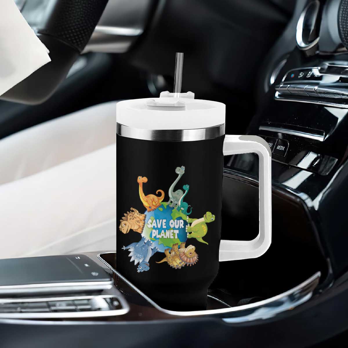 Earth Day Save Our Planet Tumbler With Handle Cute Dinosaurs Around World TS11 Print Your Wear