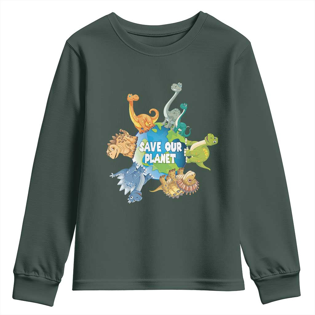 Earth Day Save Our Planet Youth Sweatshirt Cute Dinosaurs Around World TS11 Dark Forest Green Print Your Wear
