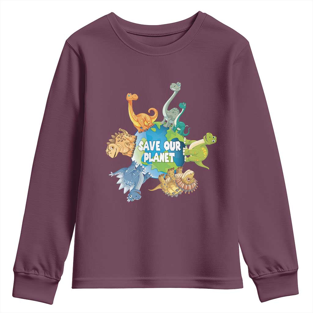 Earth Day Save Our Planet Youth Sweatshirt Cute Dinosaurs Around World TS11 Maroon Print Your Wear