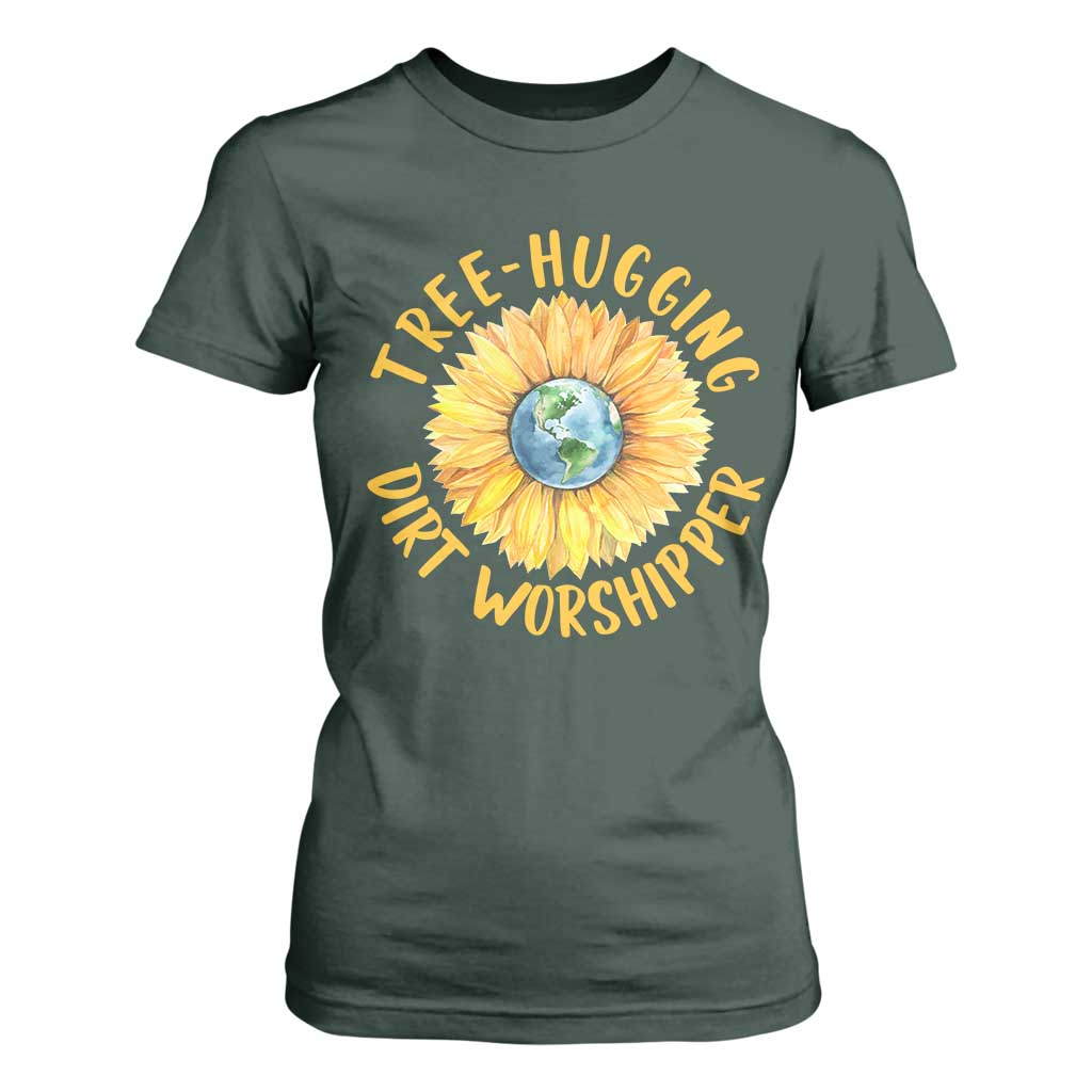 Earth Day Tree Hugging Dirt Worshipper T Shirt For Women Earth Sunflower TS11 Dark Forest Green Print Your Wear