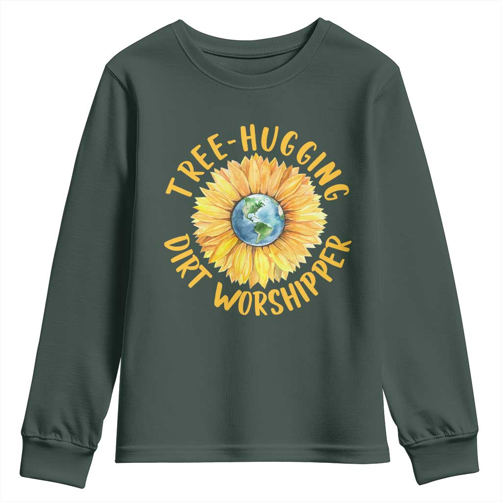 Earth Day Tree Hugging Dirt Worshipper Youth Sweatshirt Earth Sunflower TS11 Dark Forest Green Print Your Wear