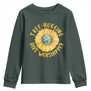 Earth Day Tree Hugging Dirt Worshipper Youth Sweatshirt Earth Sunflower TS11 Dark Forest Green Print Your Wear