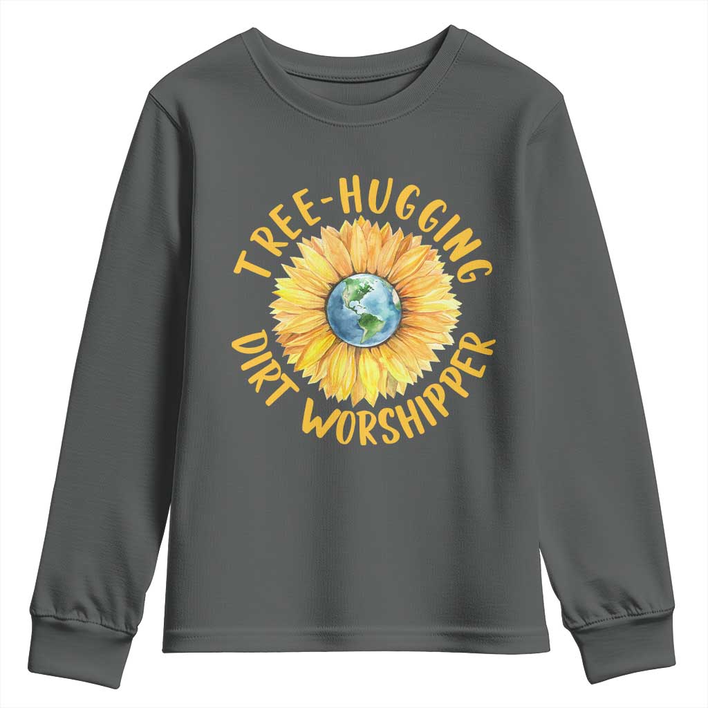 Earth Day Tree Hugging Dirt Worshipper Youth Sweatshirt Earth Sunflower TS11 Dark Heather Print Your Wear