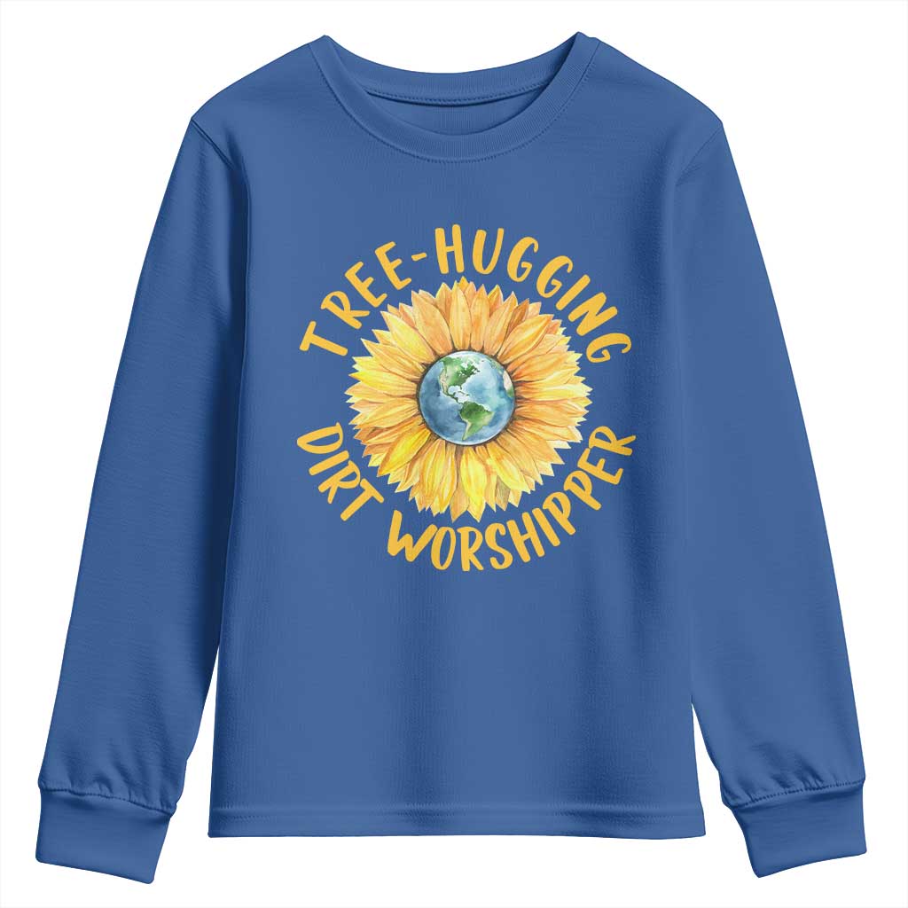 Earth Day Tree Hugging Dirt Worshipper Youth Sweatshirt Earth Sunflower TS11 Royal Blue Print Your Wear