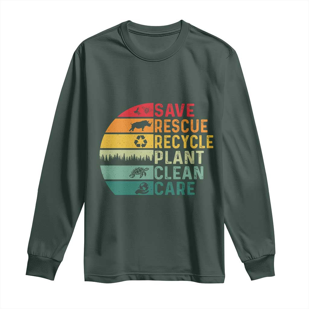 Earth Day Long Sleeve Shirt Save Bees Rescue Animals Recycle Plastic TS11 Dark Forest Green Print Your Wear