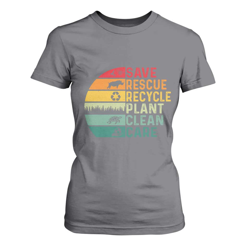 Earth Day T Shirt For Women Save Bees Rescue Animals Recycle Plastic TS11 Charcoal Print Your Wear
