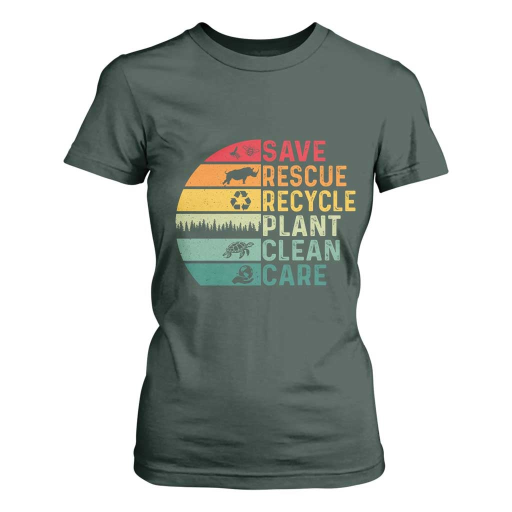 Earth Day T Shirt For Women Save Bees Rescue Animals Recycle Plastic TS11 Dark Forest Green Print Your Wear