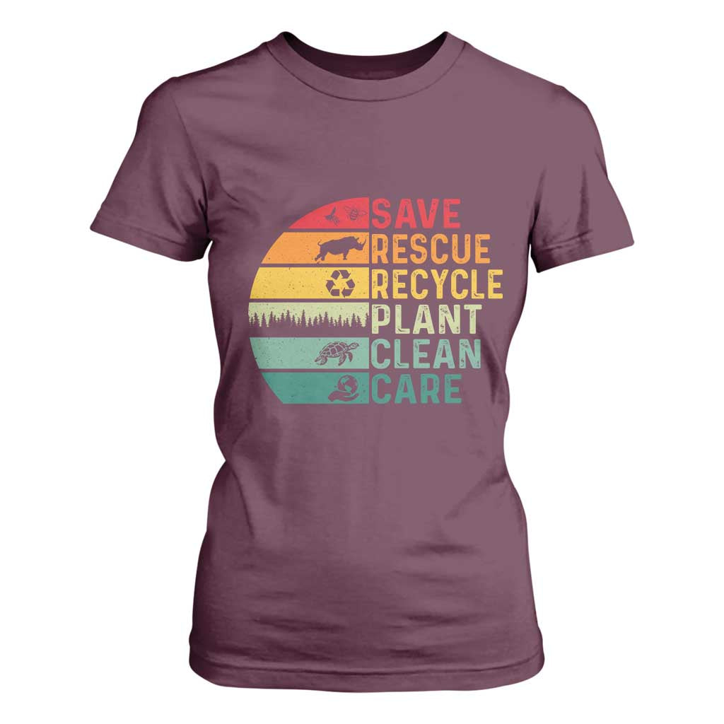 Earth Day T Shirt For Women Save Bees Rescue Animals Recycle Plastic TS11 Maroon Print Your Wear