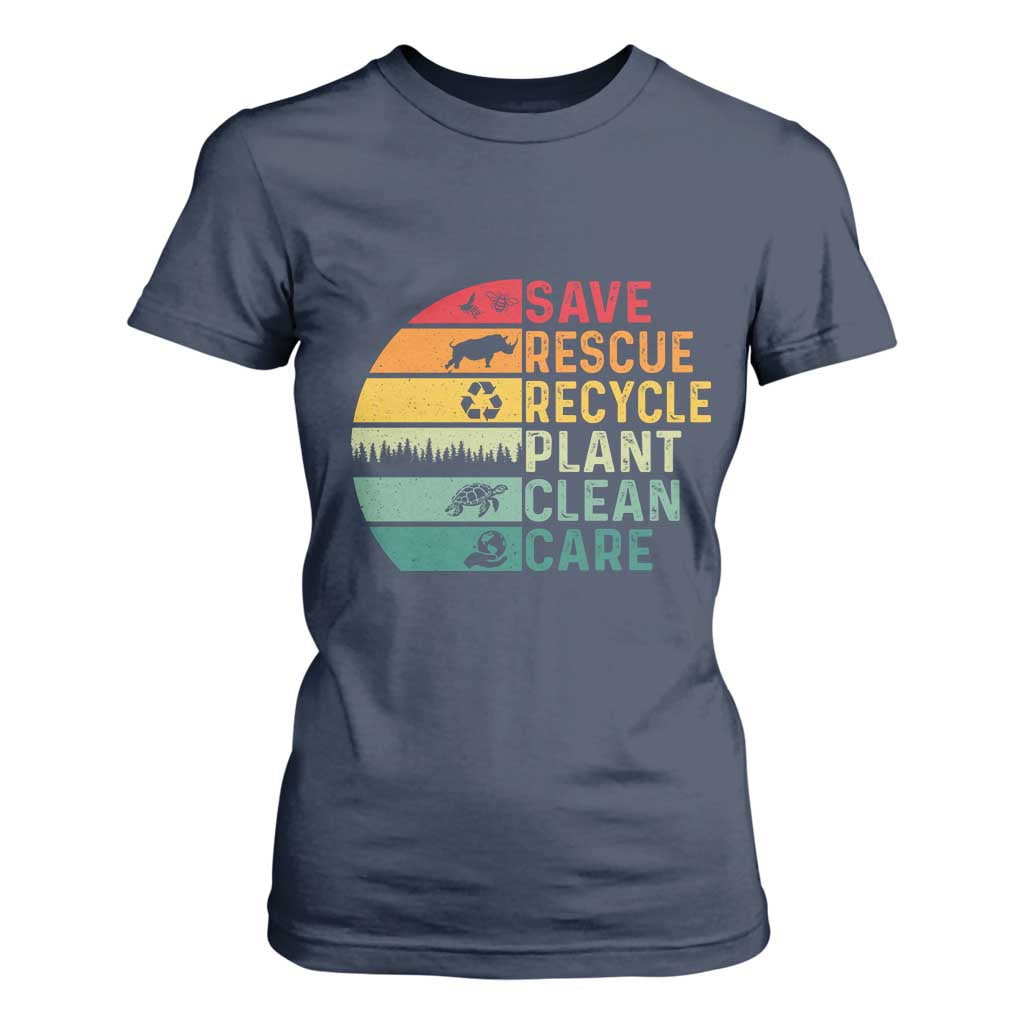 Earth Day T Shirt For Women Save Bees Rescue Animals Recycle Plastic TS11 Navy Print Your Wear