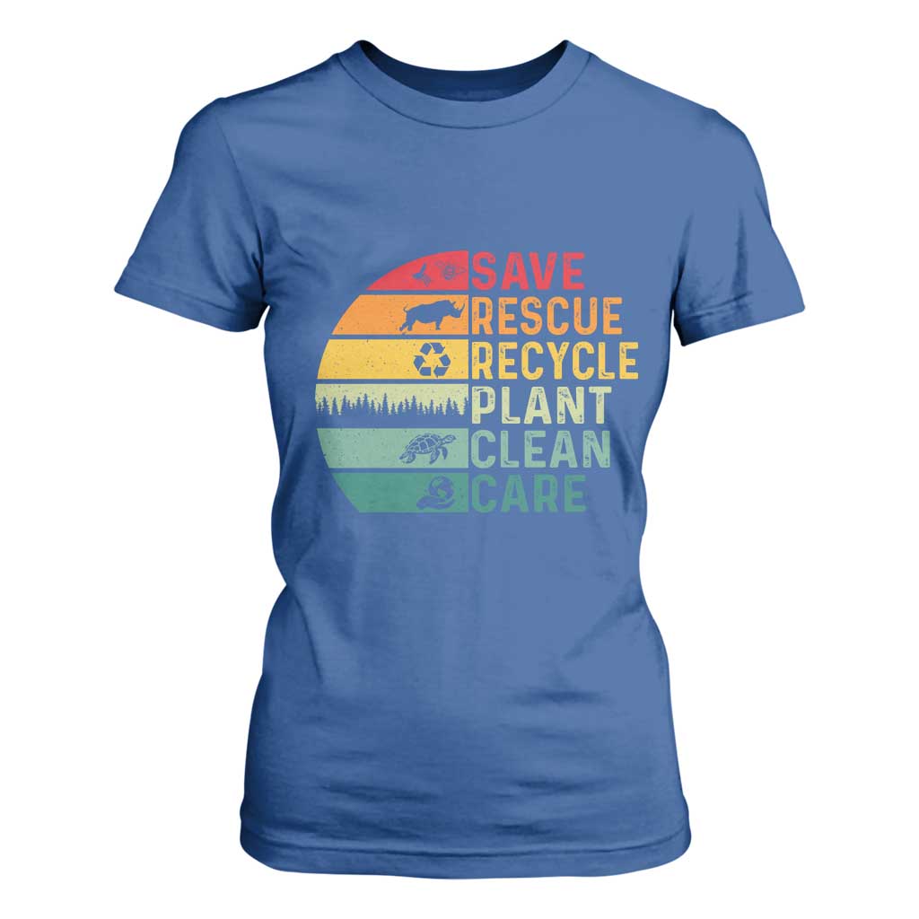 Earth Day T Shirt For Women Save Bees Rescue Animals Recycle Plastic TS11 Royal Blue Print Your Wear