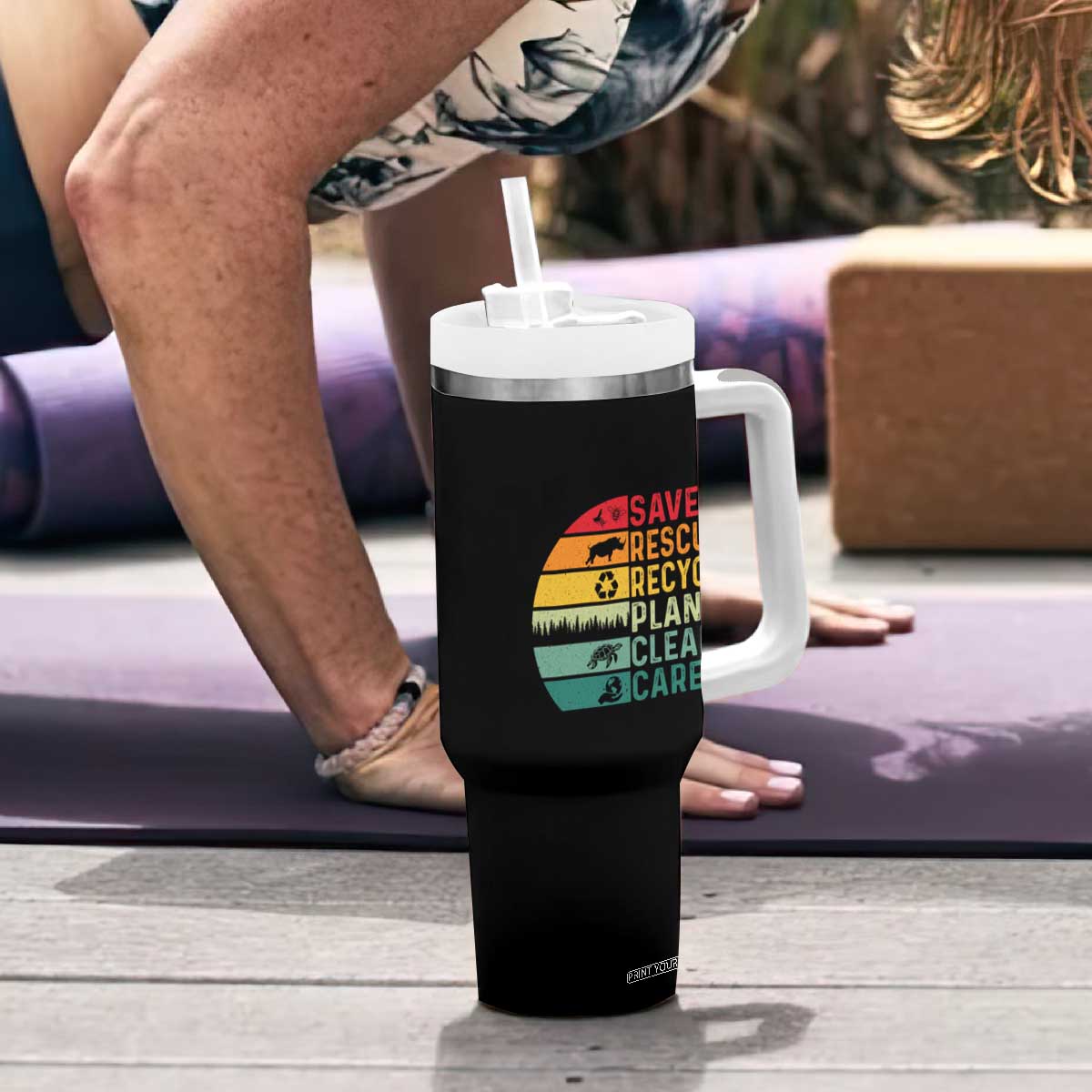 Earth Day Tumbler With Handle Save Bees Rescue Animals Recycle Plastic TS11 Print Your Wear