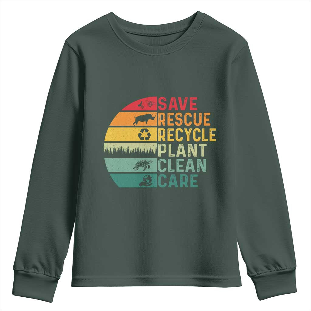 Earth Day Youth Sweatshirt Save Bees Rescue Animals Recycle Plastic TS11 Dark Forest Green Print Your Wear