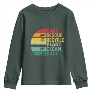 Earth Day Youth Sweatshirt Save Bees Rescue Animals Recycle Plastic TS11 Dark Forest Green Print Your Wear