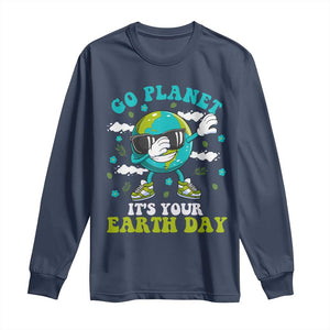 Funny Go Planet It's Your Earth Day Long Sleeve Shirt Dabbing Earth Flower TS11 Navy Print Your Wear